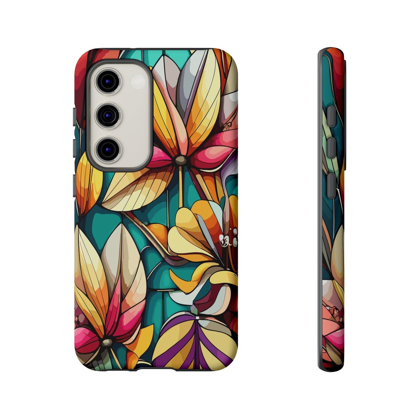 Phone Case, Stain Glass Flowers Design - Floral Tough Cover, Protective Smartphone Case, Cute Flower Pattern