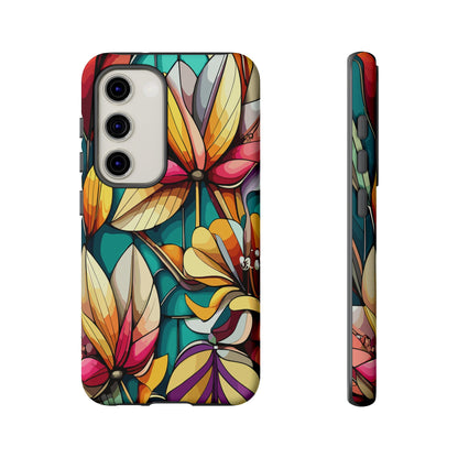 Phone Case, Stain Glass Flowers Design - Floral Tough Cover, Protective Smartphone Case, Cute Flower Pattern