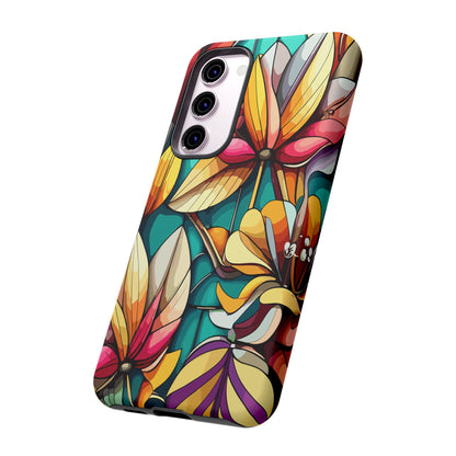 Phone Case, Stain Glass Flowers Design - Floral Tough Cover, Protective Smartphone Case, Cute Flower Pattern