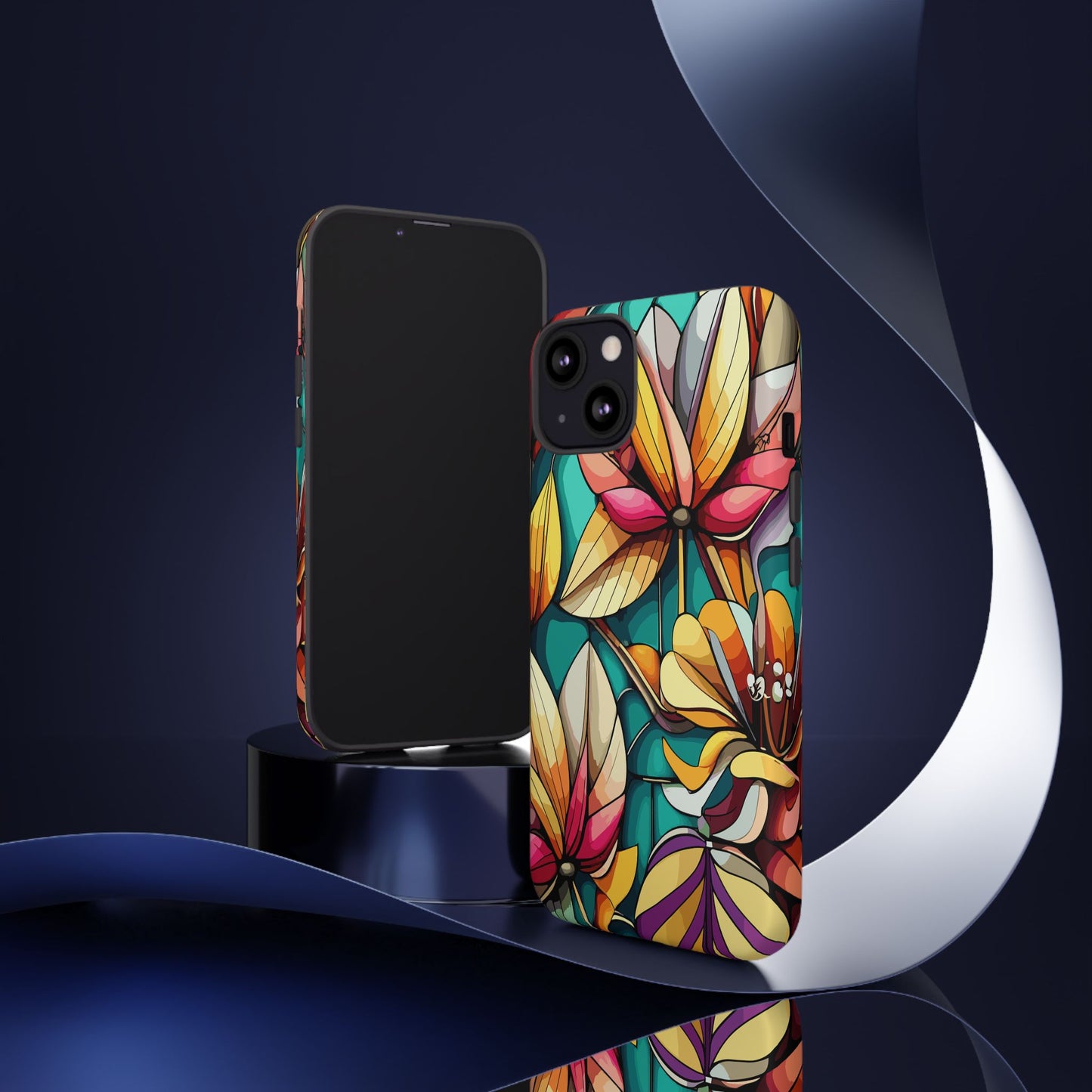Phone Case, Stain Glass Flowers Design - Floral Tough Cover, Protective Smartphone Case, Cute Flower Pattern