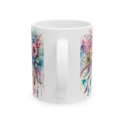 Dreamcatcher Ceramic Mug, Boho Floral Coffee Cup, Tea Mug, Native American Design, Kitchen Decor, Gift for Her