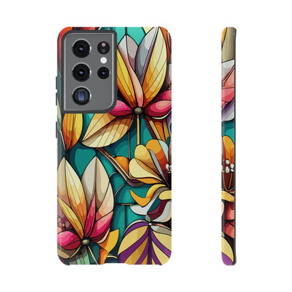 Phone Case, Stain Glass Flowers Design - Floral Tough Cover, Protective Smartphone Case, Cute Flower Pattern