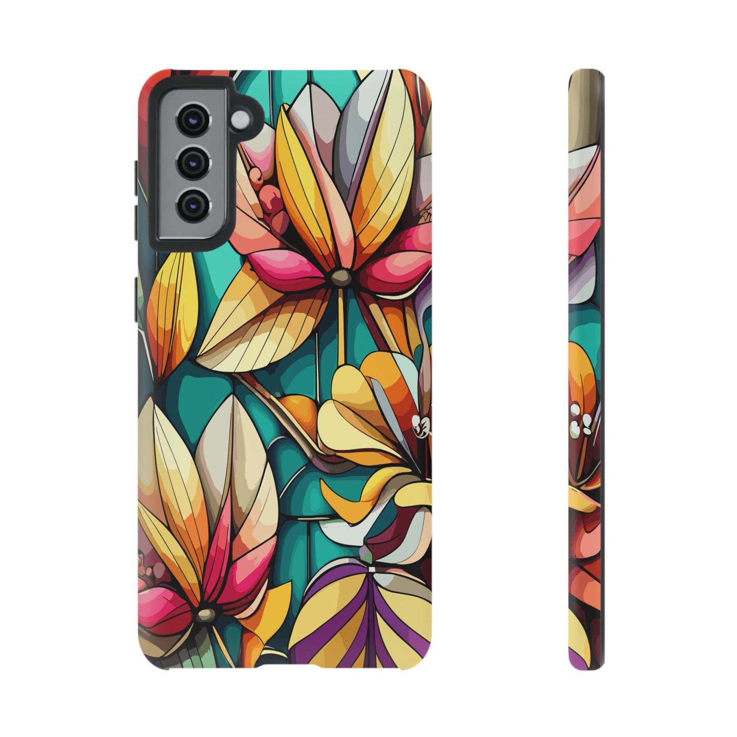 Phone Case, Stain Glass Flowers Design - Floral Tough Cover, Protective Smartphone Case, Cute Flower Pattern
