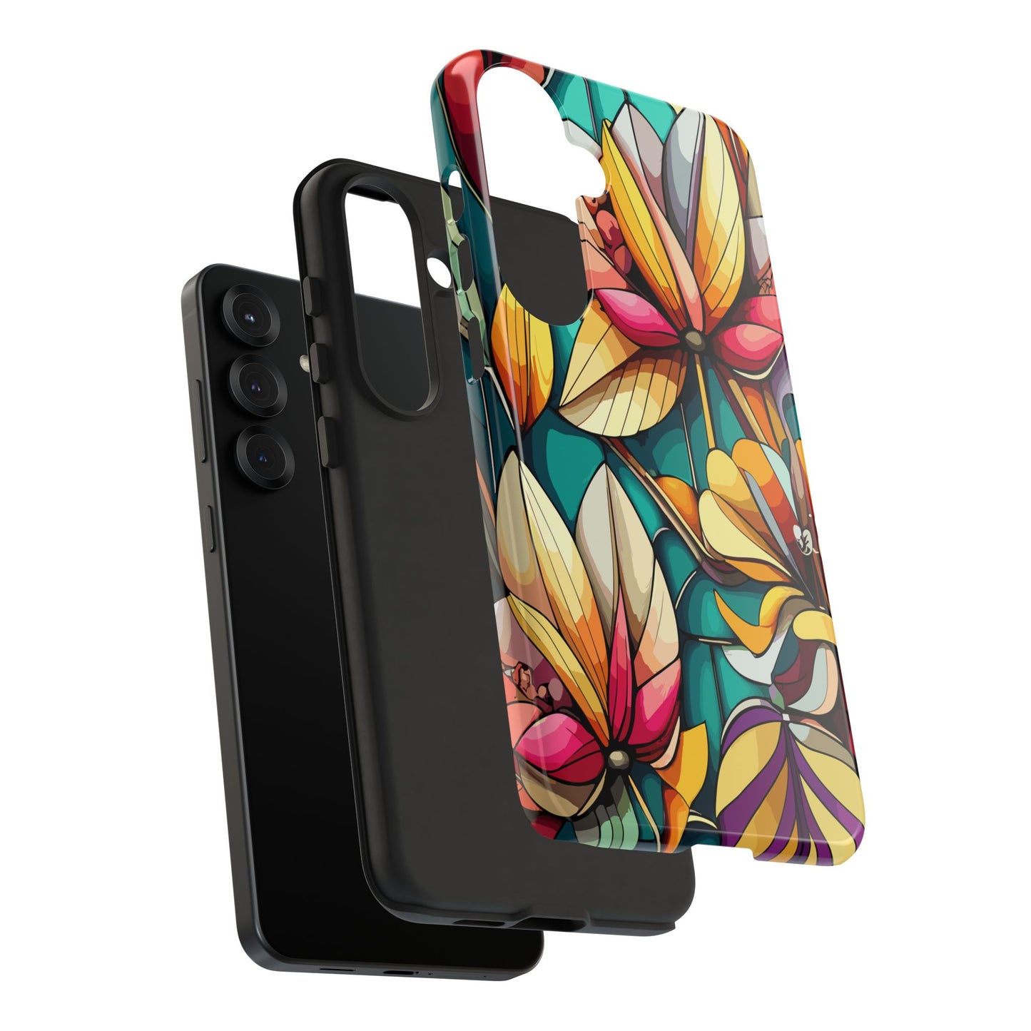 Phone Case, Stain Glass Flowers Design - Floral Tough Cover, Protective Smartphone Case, Cute Flower Pattern