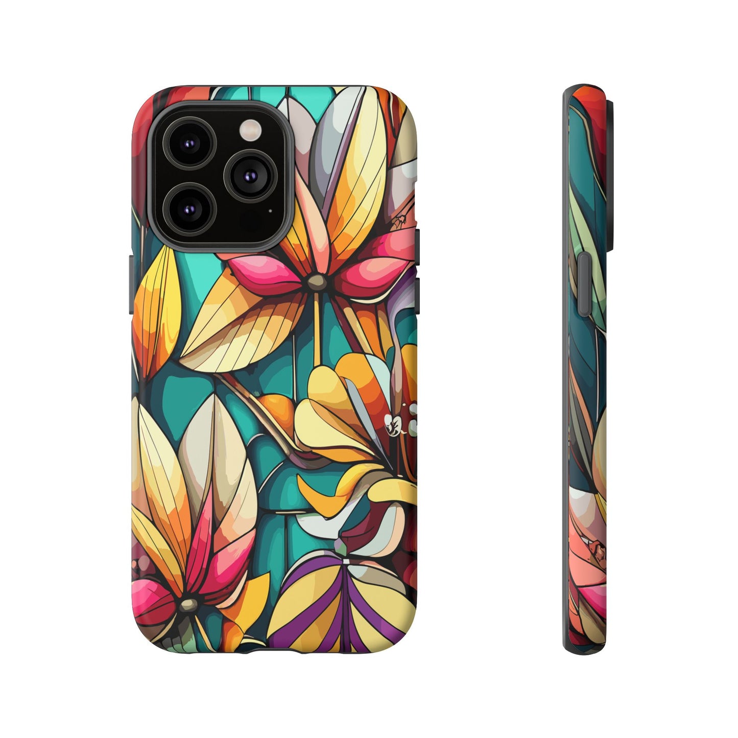 Phone Case, Stain Glass Flowers Design - Floral Tough Cover, Protective Smartphone Case, Cute Flower Pattern