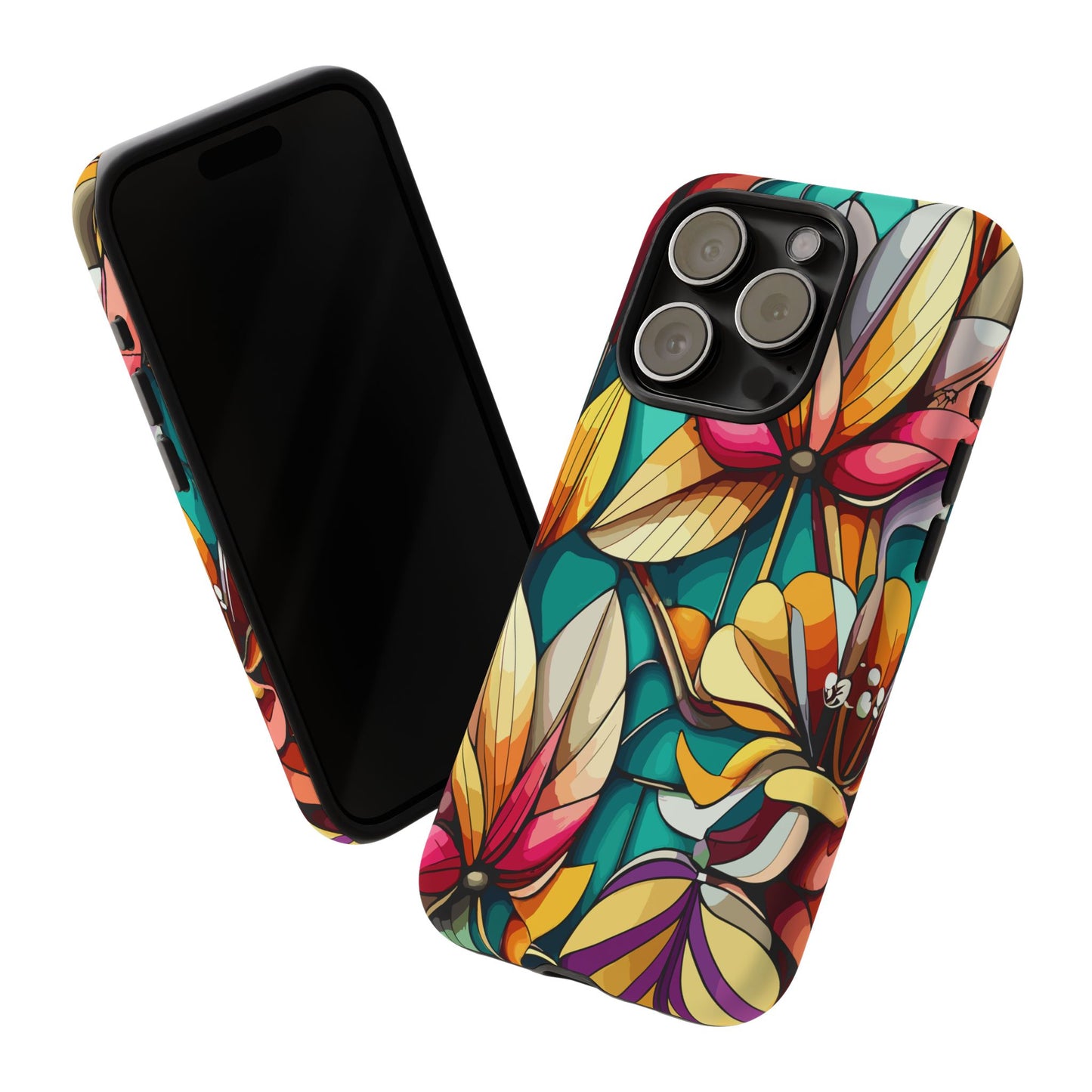 Phone Case, Stain Glass Flowers Design - Floral Tough Cover, Protective Smartphone Case, Cute Flower Pattern