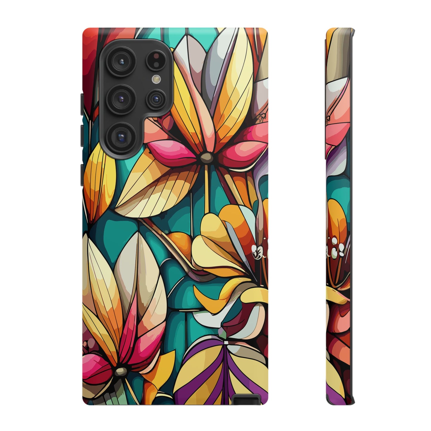 Phone Case, Stain Glass Flowers Design - Floral Tough Cover, Protective Smartphone Case, Cute Flower Pattern