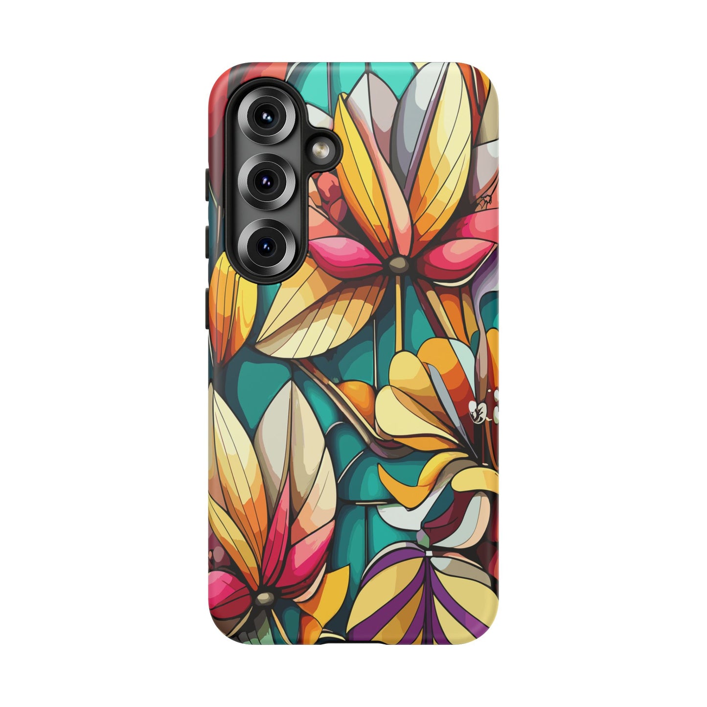 Phone Case, Stain Glass Flowers Design - Floral Tough Cover, Protective Smartphone Case, Cute Flower Pattern