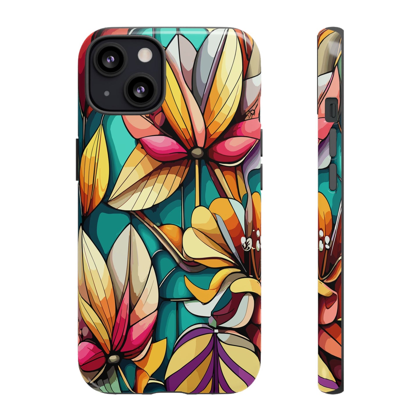 Phone Case, Stain Glass Flowers Design - Floral Tough Cover, Protective Smartphone Case, Cute Flower Pattern