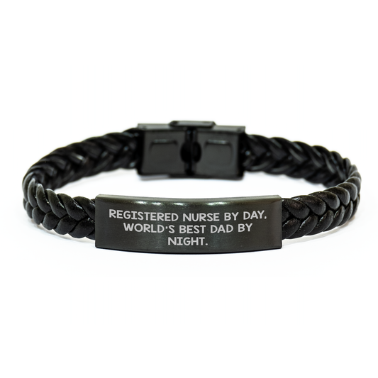 Registered Nurse Gifts from Men, World's Best Dad Interlaced Leather Bracelet, Funny Quote for Father's Day - Image 1