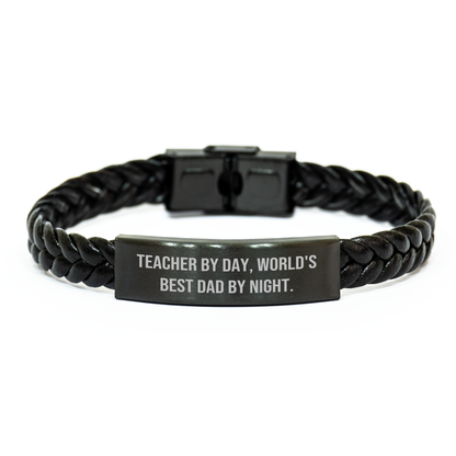 Teacher by Day, World's Best Dad by Night Interlaced Leather Bracelet, Gifts from Family to Teacher, Unique Father's Day Unique Gifts - Victory Thru Vision 