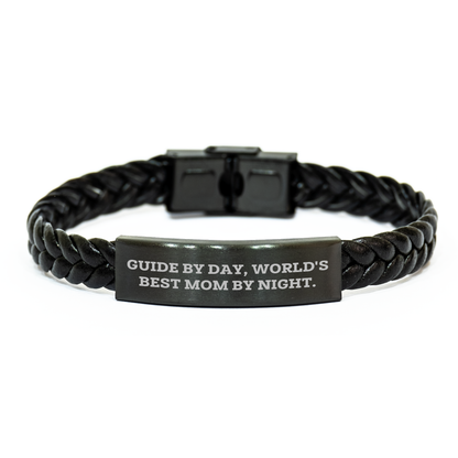 Gifts from Friends, Family, or Coworkers - Guide Interlaced Leather Bracelet for Guide By Day, World's Best Mom By Night. - Image 1