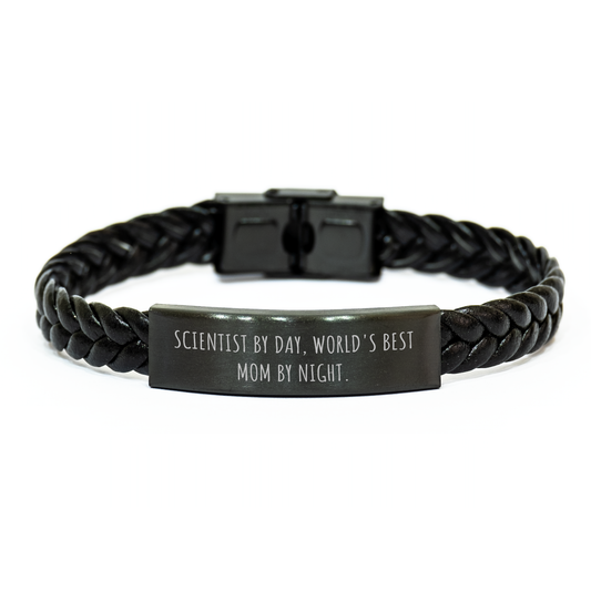 Scientist Gifts by Day, World's Best Dad by Night Interlaced Leather Bracelet - Unique Father's Day Unique Gifts from Men to Dads - Funny Quote on Stainless Steel Leather Strap - Image 1