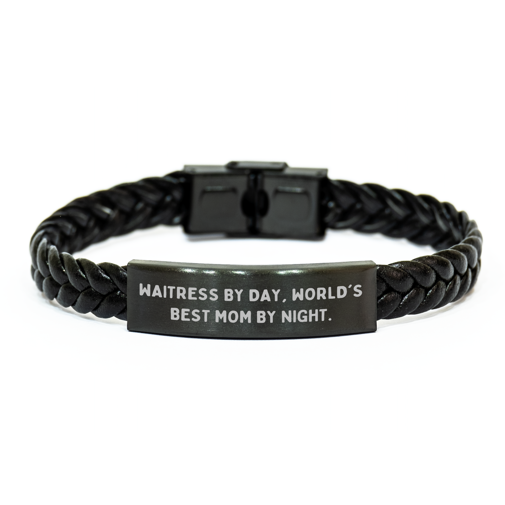 Waitress By Day, World's Best Mom By Night. Funny Quotes Interlaced Leather Bracelet, Gift from Friends for Waitress, Unique Father's Day Unique Gifts for Men - Image 1