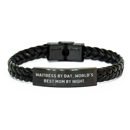 Waitress By Day, World's Best Mom By Night. Funny Quotes Interlaced Leather Bracelet, Gift from Friends for Waitress, Unique Father's Day Unique Gifts for Men - Image 1