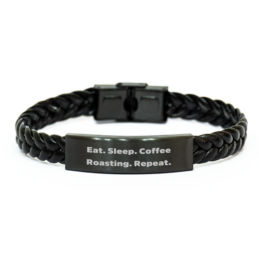 Funny Coffee Roasting Gifts for Men, Interlaced Leather Bracelet from Family, Eat. Sleep. Coffee Roasting. Repeat., Perfect for Father's Day - Victory Thru Vision 