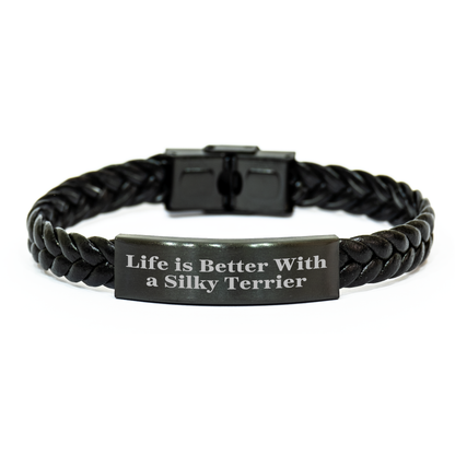 Funny Silky Terrier Dog Gifts - Life Is Better With A Silky Terrier, Interlaced Leather Bracelet for Men, Fathers Day Unique Gifts from Family - Victory Thru Vision 