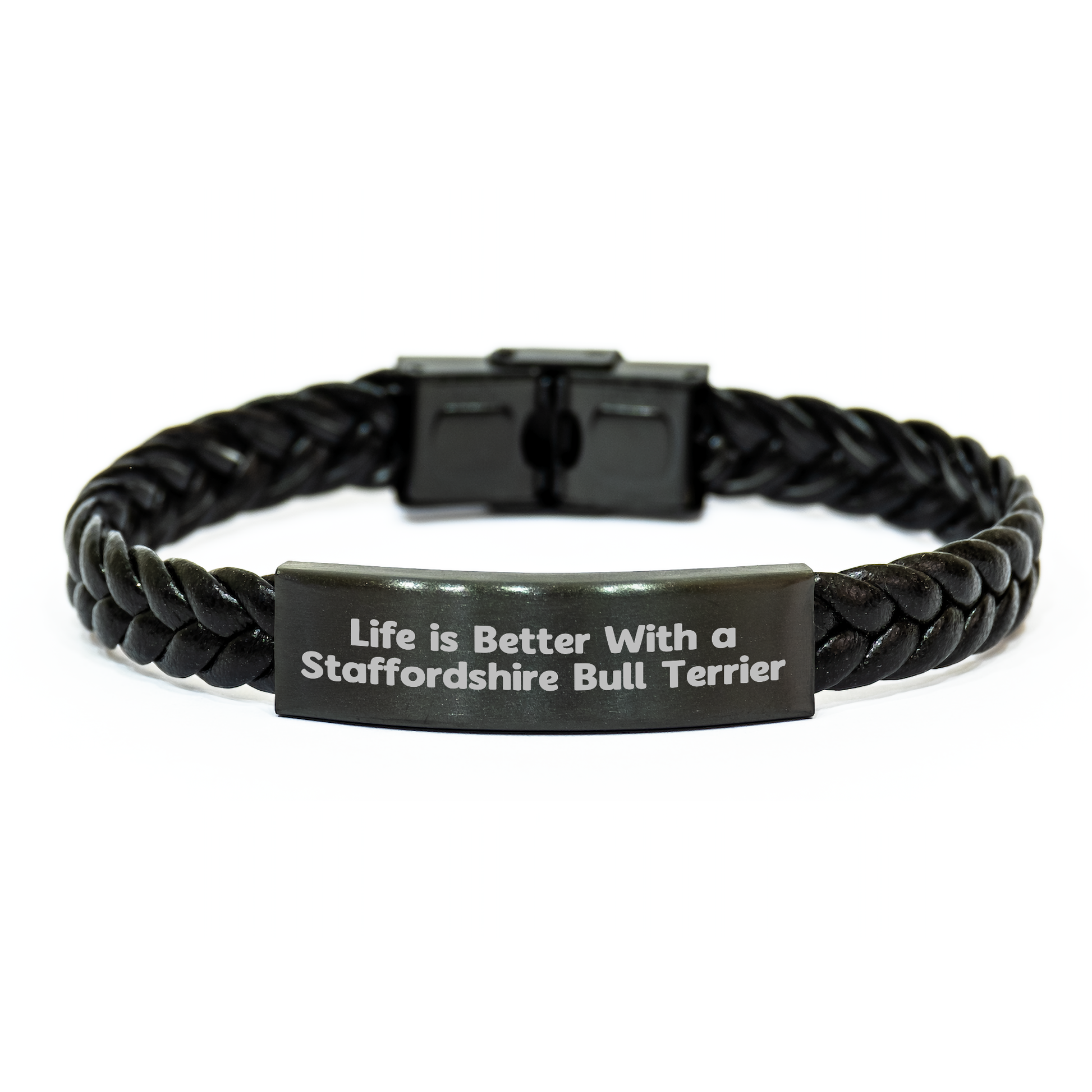 Funny Staffordshire Bull Terrier Dog Gifts - Interlaced Leather Bracelet for Men from Him, Fathers Day Unique Gifts - Victory Thru Vision 