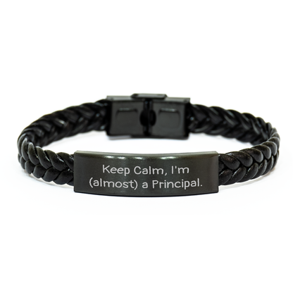 Principal's Proud Interlaced Leather Gift for Men, Funny 'Keep Calm, I'm (almost) A Principal.' Quote, Unique Father's Day Unique Gift from Men to Principal - Image 1