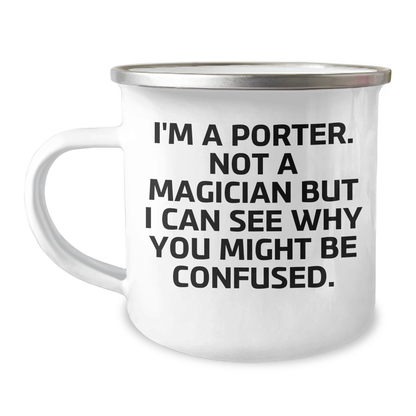 Porter Hiking Mug, Funny Quote Gift for Him, Father's Day Unique Gifts from Friends, Family, Coworkers, 12 oz Camping Mug with Enamel Finish - Victory Thru Vision 