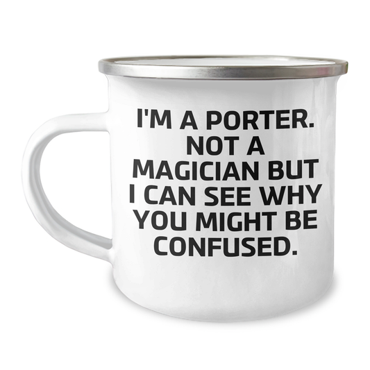 Porter Hiking Mug, Funny Quote Gift for Him, Father's Day Unique Gifts from Friends, Family, Coworkers, 12 oz Camping Mug with Enamel Finish - Victory Thru Vision 