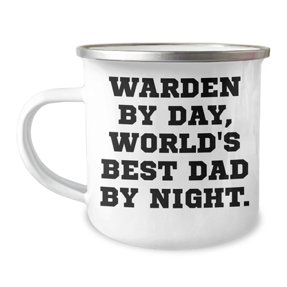 Warden Gifts: Funny Camping Mug, 'Warden By Day, World's Best Dad By Night' for Father's Day, 12 oz Stainless Steel with Enamel Finish, Gifts from Men to Warden - Victory Thru Vision 
