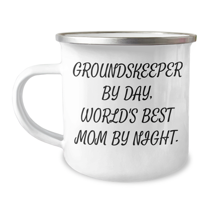 groundskeeper Gifts from Men - Camping Mug - 'groundskeeper By Day, World's Best Mom By Night.' - Unique Mother's Day Unique Gifts - Image 1