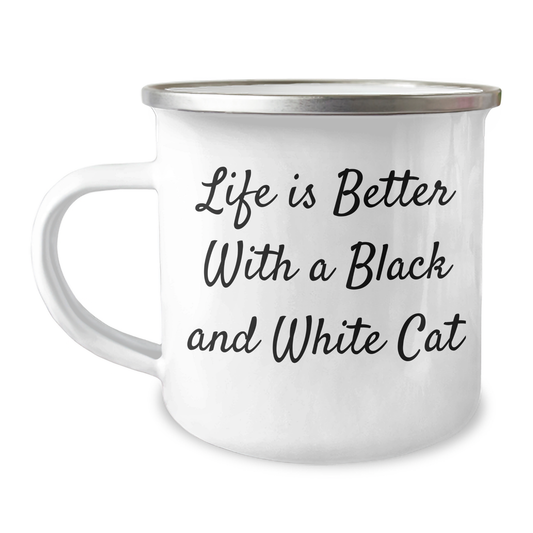 Funny Black and White Cat Gifts from Men, Unique Camping Mug for Father's Day, Life Is Better With A Quote - Victory Thru Vision 