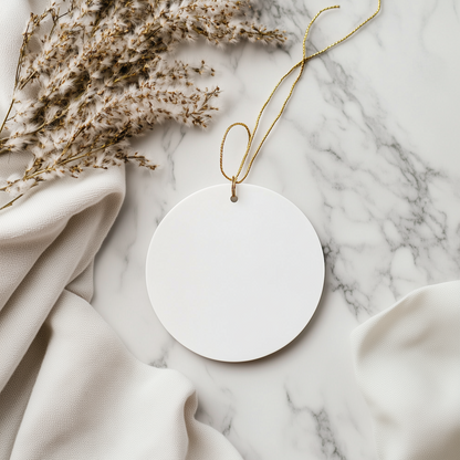 White round ornament with gold chain on a Christmas tree, showing measurements.
