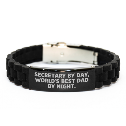 Secretary By Day, World's Best Dad By Night. - Funny Quote Glide lock Clasp Black Stainless Steel Silicone Adjustable Necklace for Secretary Gifts, Mother's Day, from Dad to Secretary - Victory Thru Vision 
