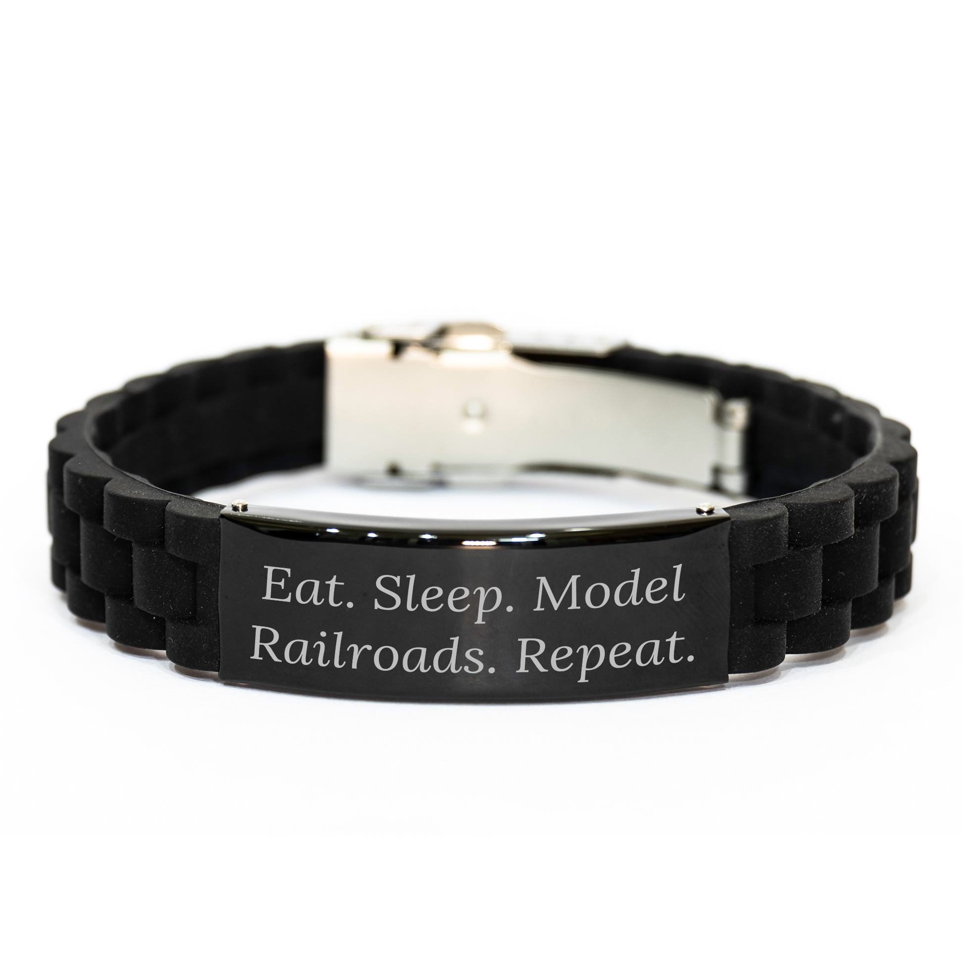 Model Railroads Enthusiasts' Gift from Friends - Eat. Sleep. Model Railroads. Repeat. - Glide lock Clasp Black Stainless Steel Silicone Adjustable Bracelet for Men's Father's Day - Image 1