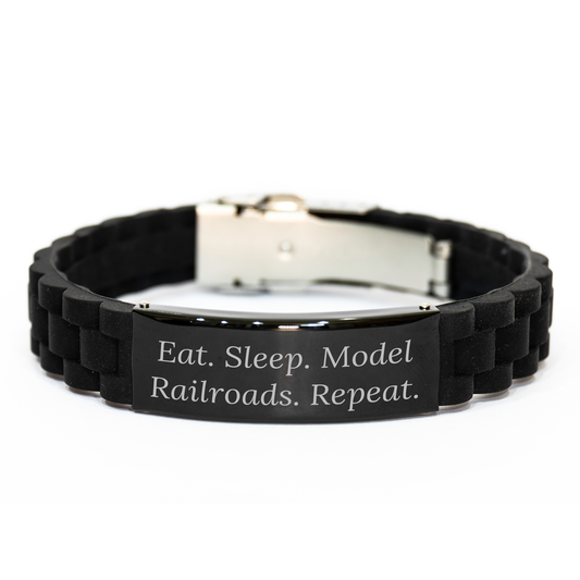Model Railroads Enthusiasts' Gift from Friends - Eat. Sleep. Model Railroads. Repeat. - Glide lock Clasp Black Stainless Steel Silicone Adjustable Bracelet for Men's Father's Day - Image 1
