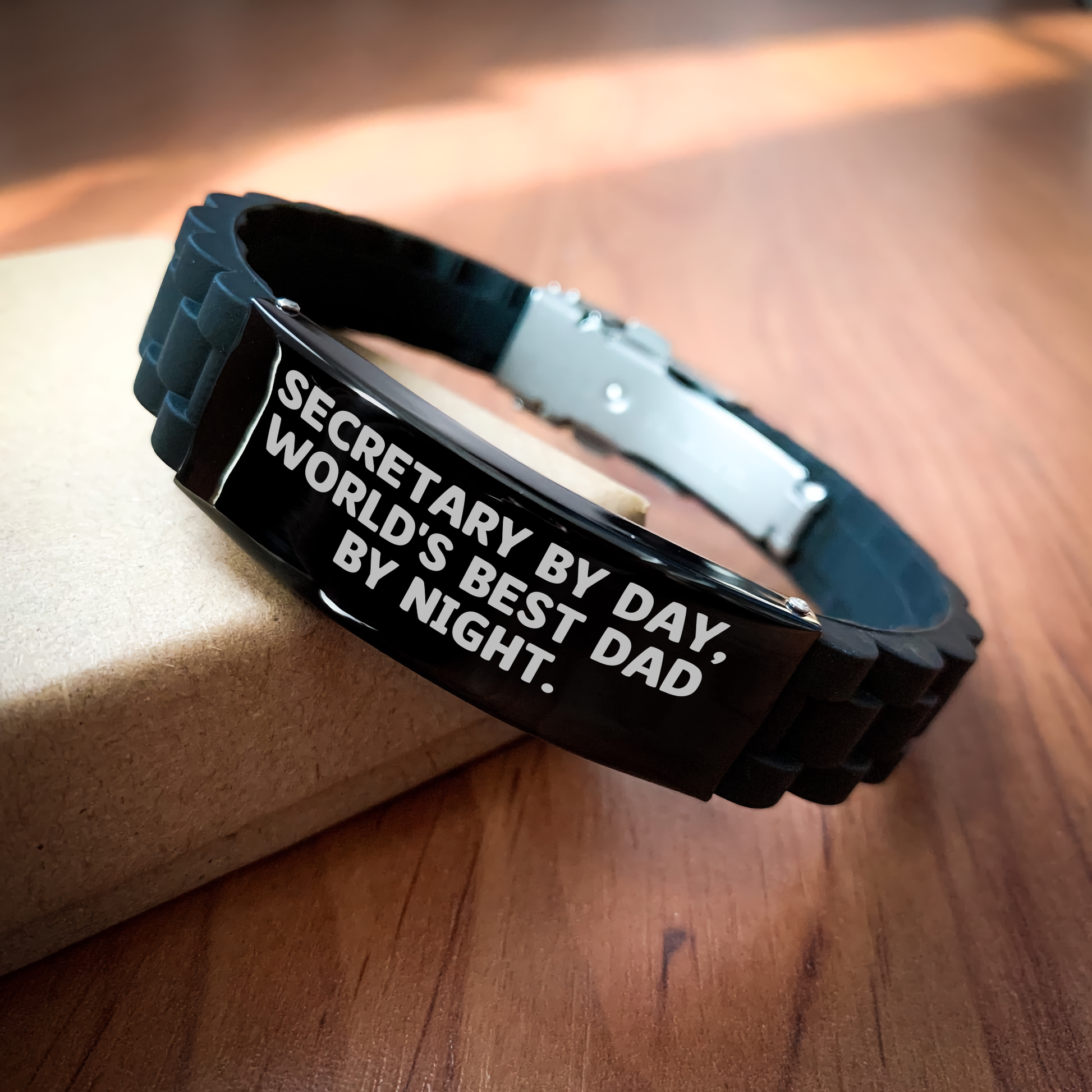 Secretary By Day, World's Best Dad By Night. - Funny Quote Glide lock Clasp Black Stainless Steel Silicone Adjustable Necklace for Secretary Gifts, Mother's Day, from Dad to Secretary - Victory Thru Vision 