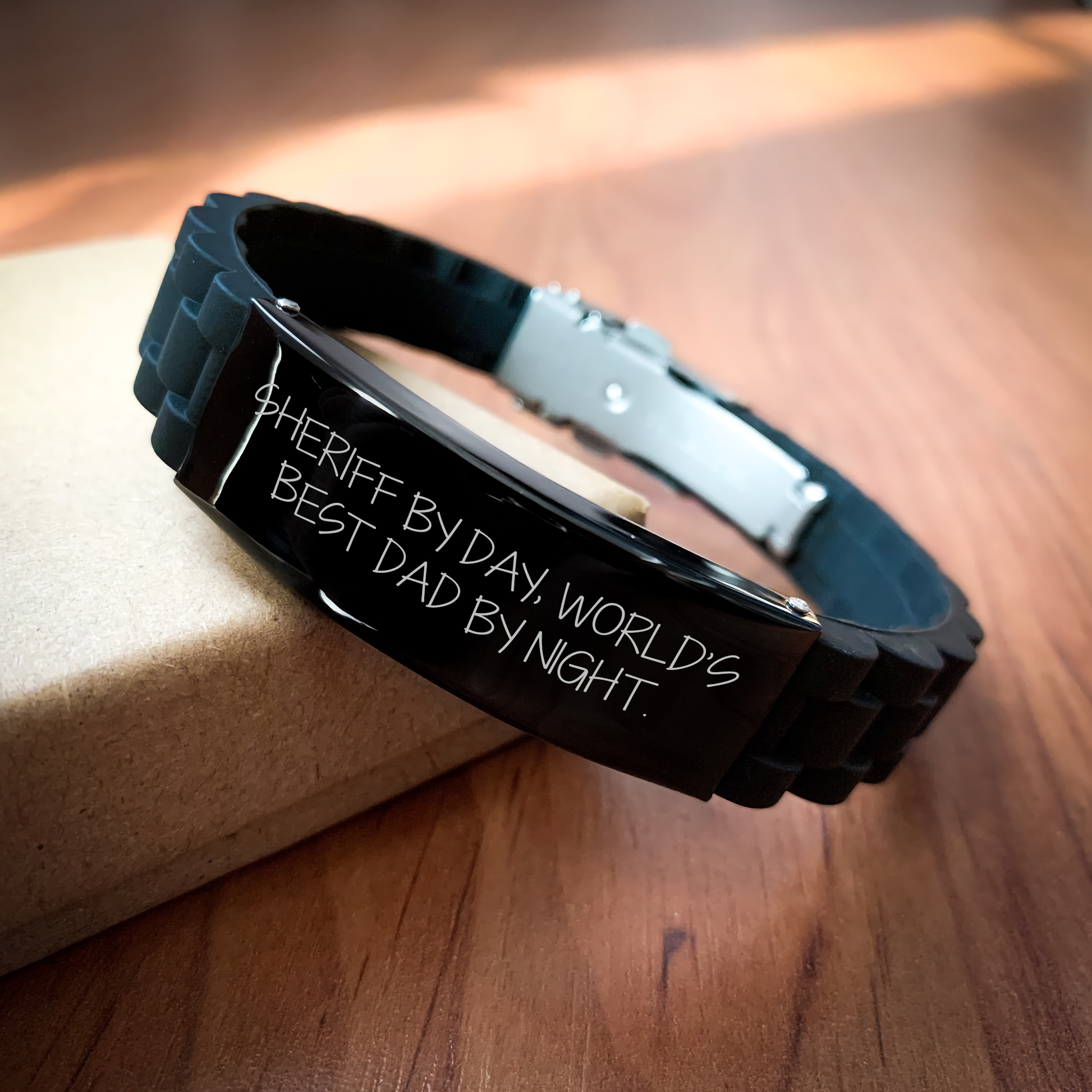 Sheriff Gifts from Men - Sheriff By Day, World's Best Dad By Night., Glide lock Clasp Black Stainless Steel Silicone Adjustable Mother's Day Unique Gifts - Image 2
