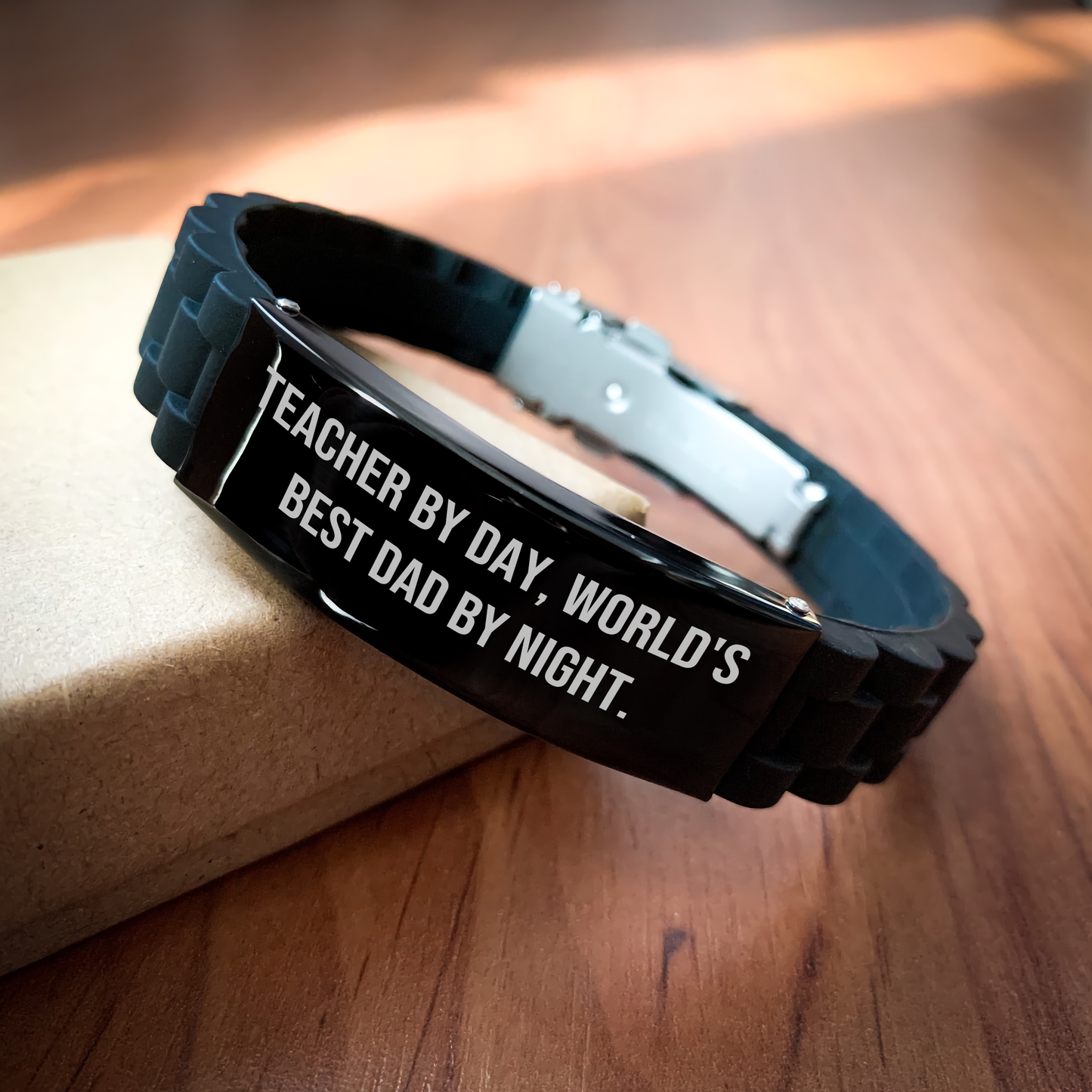 Teacher By Day, World's Best Dad By Night. Funny Glide lock Clasp Bracelet Gift for Teachers from Men, Adjustable Black Stainless Steel Silicone - Image 2