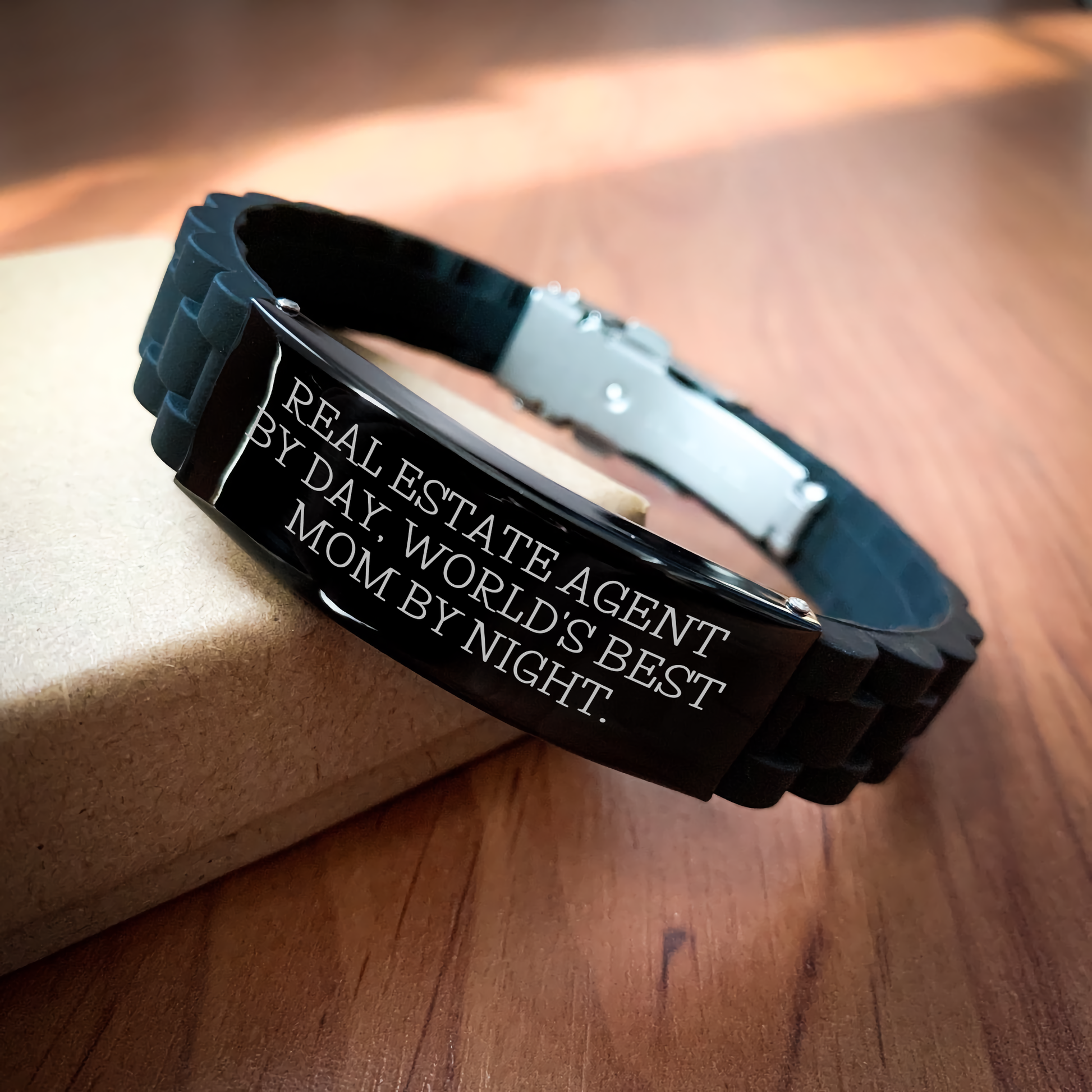 Real Estate Agent Gifts for Men by Real Estate Agent By Day, World's Best Mom By Night. - Glide lock Clasp Black Stainless Steel Adjustable Bracelet for Father's Day - Image 2