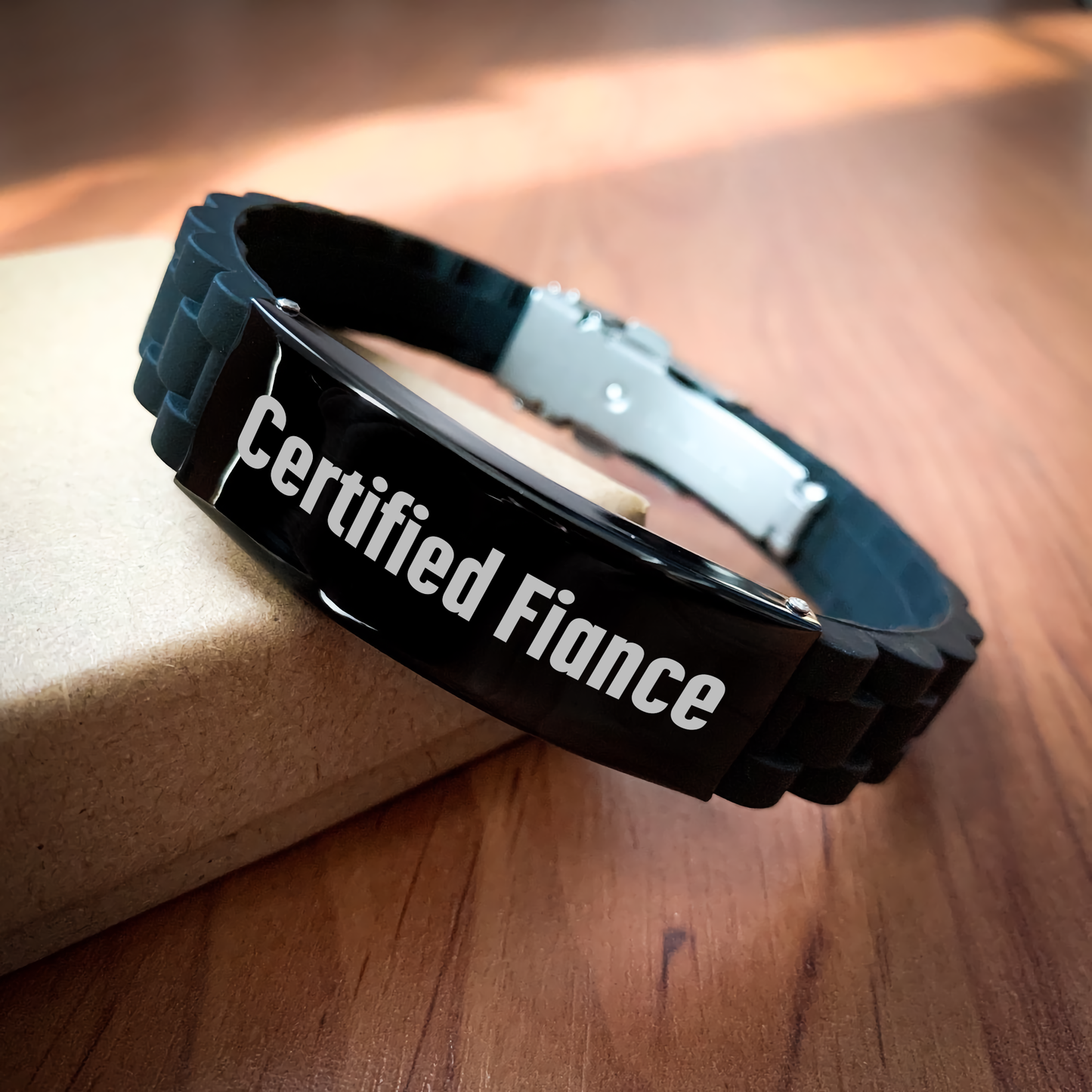Funny Fiance Gifts from Men to Men - Certified Fiance Quote Glide lock Clasp Adjustable Black Stainless Steel Silicone Bracelet for Father's Day Unique Gifts - Victory Thru Vision 