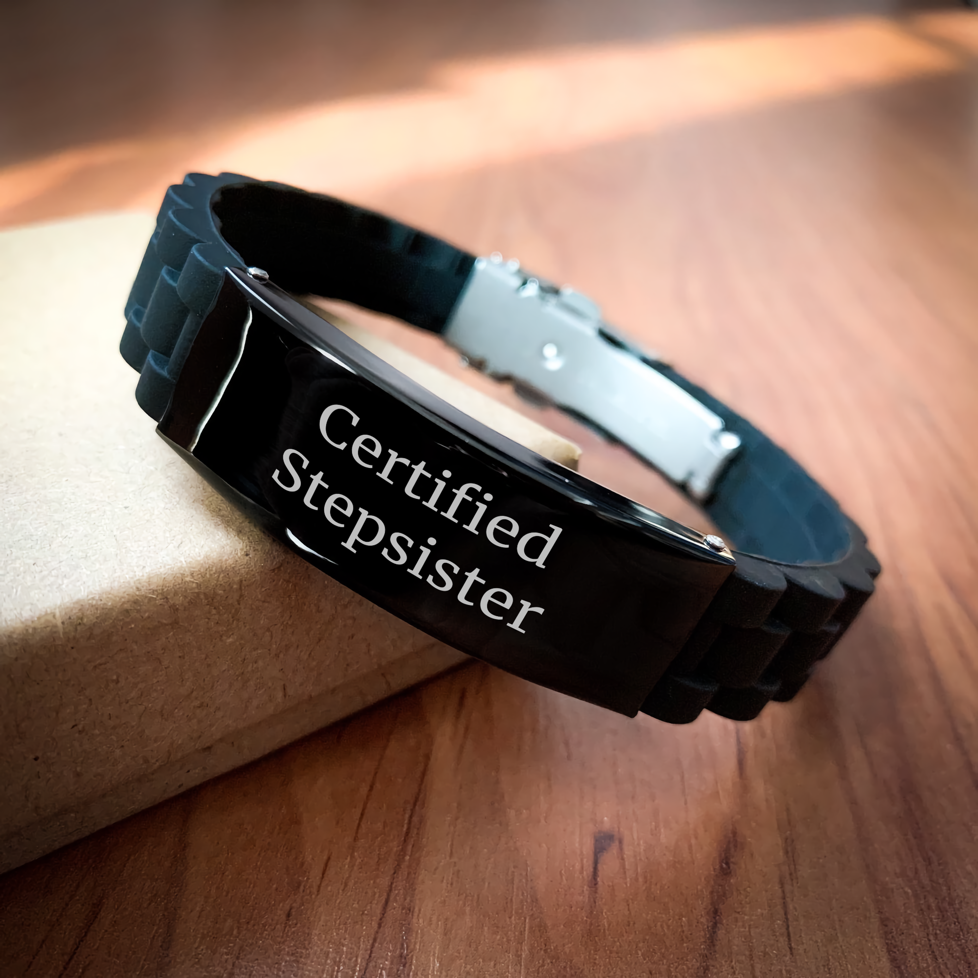 Funny Step-Sister Gifts from Men to Stepsister - Glide lock Clasp Black Stainless Steel Silicone Adjustable Bracelet for Father's Day - Victory Thru Vision 
