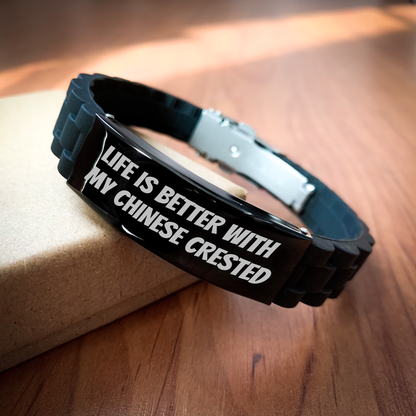 Chinese Crested Dog Gifts, Funny Quote Father's Day Glide lock Clasp Adjustable Black Stainless Steel Silicone Jewelry for Men, Gifts from Family, Chinese Crested Dog Lovers - Victory Thru Vision 