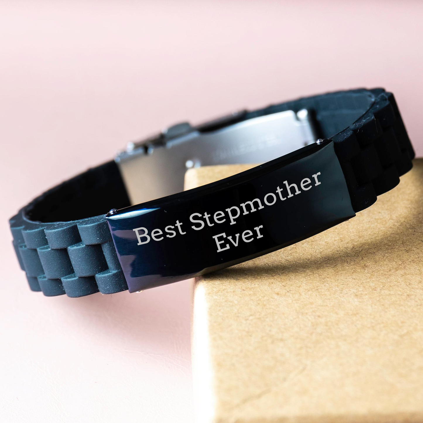 Funny Stepmother Gifts, Best Stepmother Ever Quote Glide lock Clasp Bracelet, Mother's Day Unique Gifts from Men to Stepmother, Adjustable Black Stainless Steel, Silicone, Silver, Premium Bag - Victory Thru Vision 