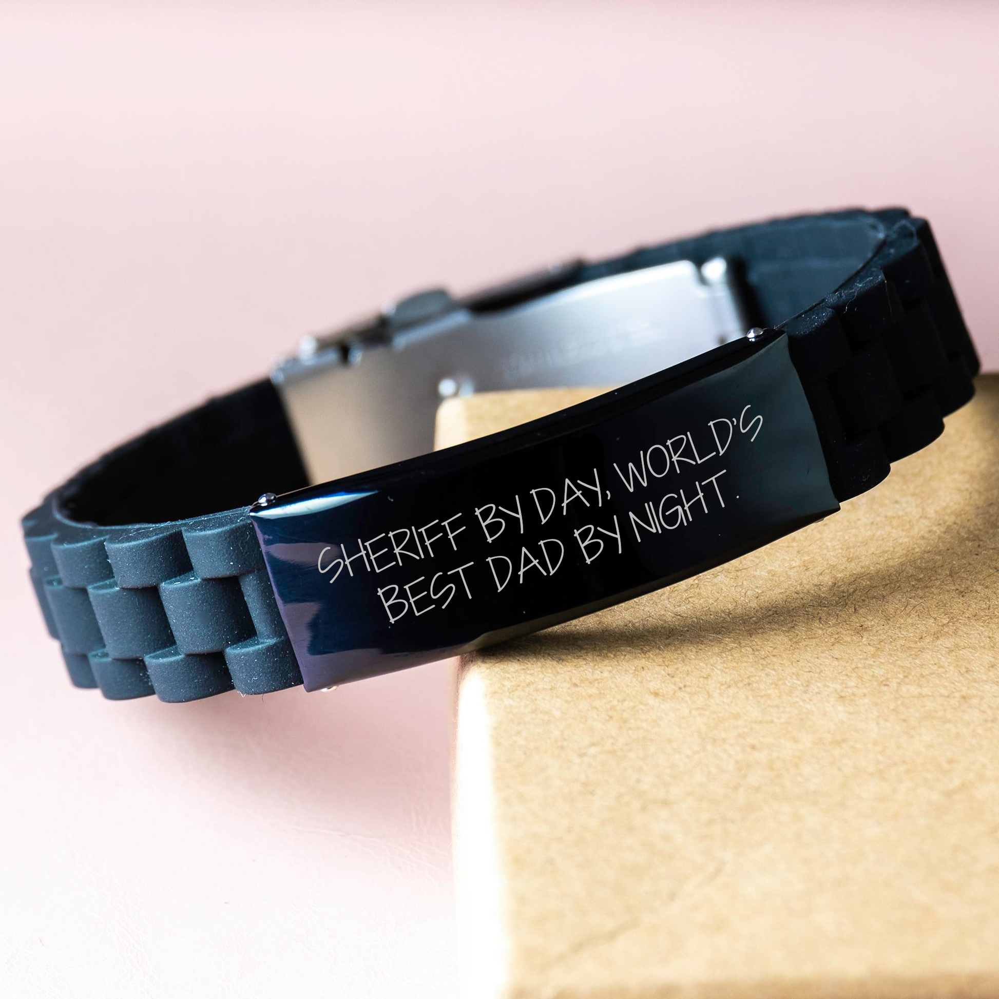Sheriff Gifts from Men - Sheriff By Day, World's Best Dad By Night., Glide lock Clasp Black Stainless Steel Silicone Adjustable Mother's Day Unique Gifts - Image 3