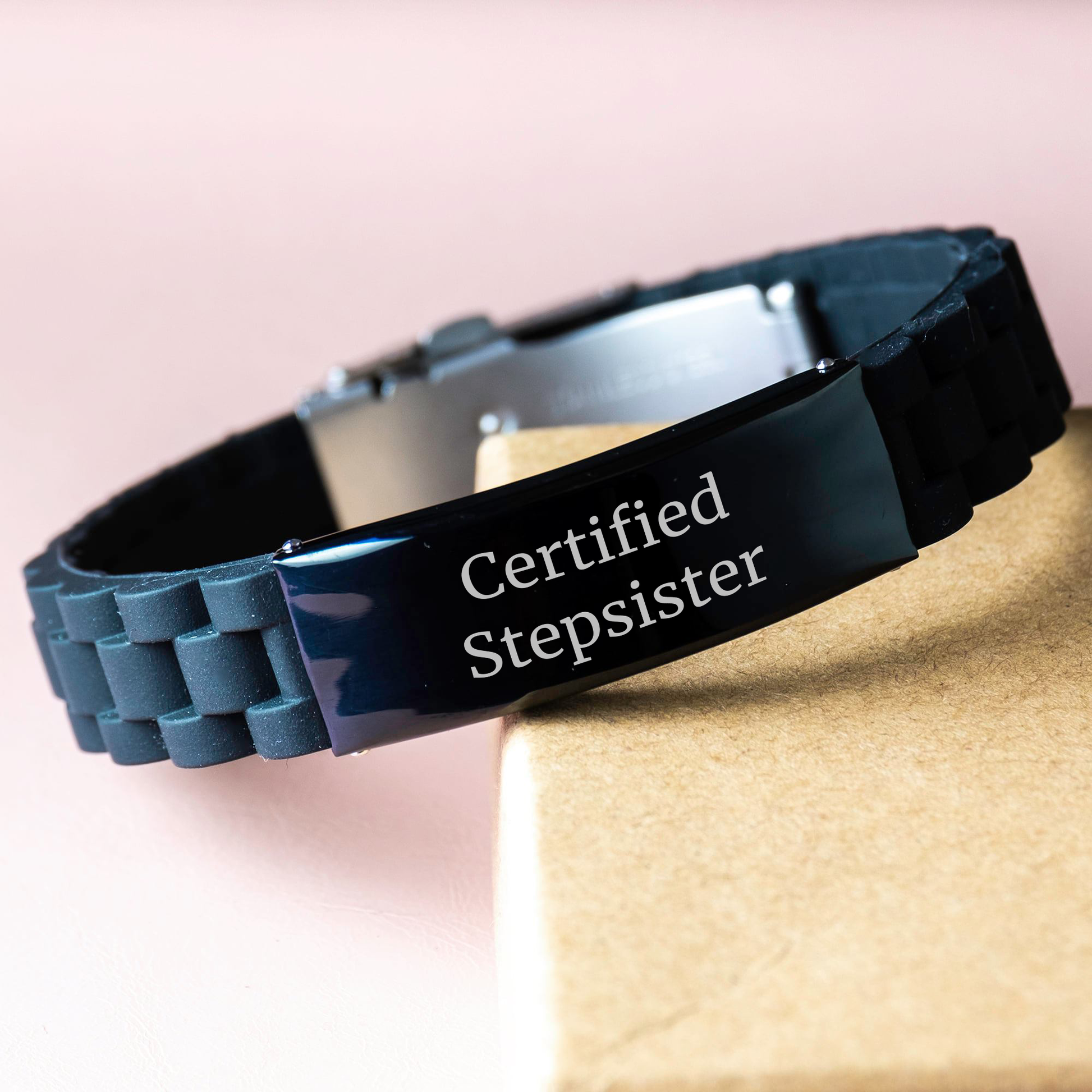 Funny Step-Sister Gifts from Men to Stepsister - Glide lock Clasp Black Stainless Steel Silicone Adjustable Bracelet for Father's Day - Victory Thru Vision 