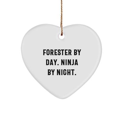 Forester Gifts from Men - Heart Ornament with Funny Quote 'Forester By Day. Ninja By Night.' for Christmas - Victory Thru Vision 