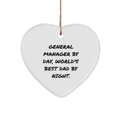 General Manager Gifts, Heart Ornament, Funny Quote 'By Day, World's Best Dad By Night.' Gifts from General Manager to Family - Image 1