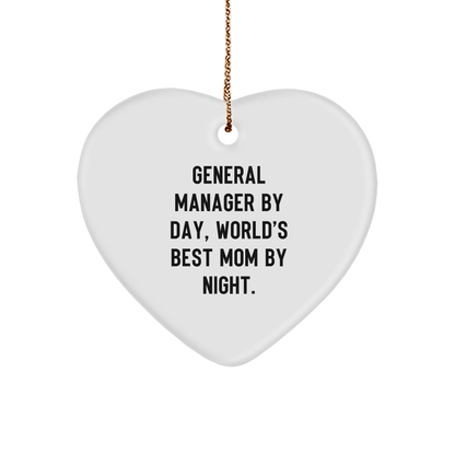 General Manager Gifts from Friends - Heart Ornament for Christmas, 'General Manager By Day, World's Best Mom By Night.' - Image 1