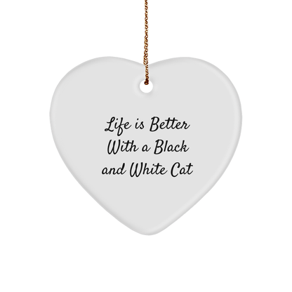 Funny Black and White Cat Gifts from Friends for Christmas - Heart Ornament with Life Is Better Quote, Unique Present for Men, Women, or Family - Victory Thru Vision 