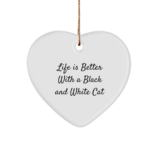 Funny Black and White Cat Gifts from Friends for Christmas - Heart Ornament with Life Is Better Quote, Unique Present for Men, Women, or Family - Victory Thru Vision 