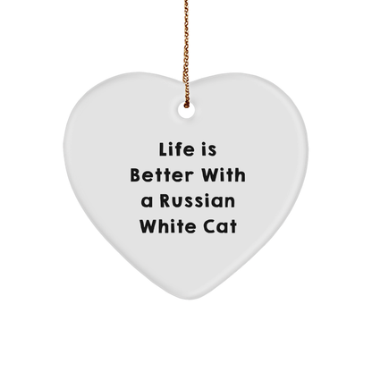 Russian White Cat Heart Ornament, Funny Quote, Christmas Unique Gifts from Friends and Family - Victory Thru Vision 