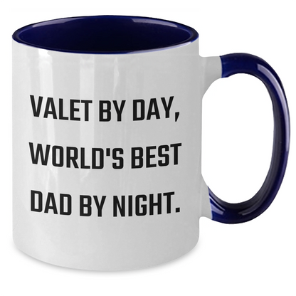 Valet By Day, World's Best Dad By Night - Funny Two Tone Coffee Mug Gift from Friends to Valet on Father's Day - Victory Thru Vision 