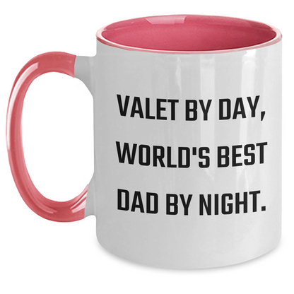 Valet By Day, World's Best Dad By Night - Funny Two Tone Coffee Mug Gift from Friends to Valet on Father's Day - Victory Thru Vision 